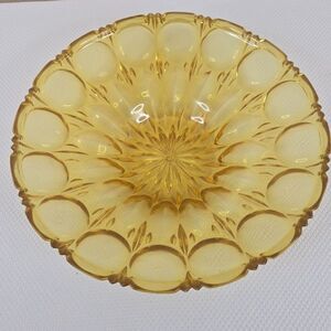 Vintage 70s Amber Mid Century Serving Bowl With Scalloped Edge Starburst Design